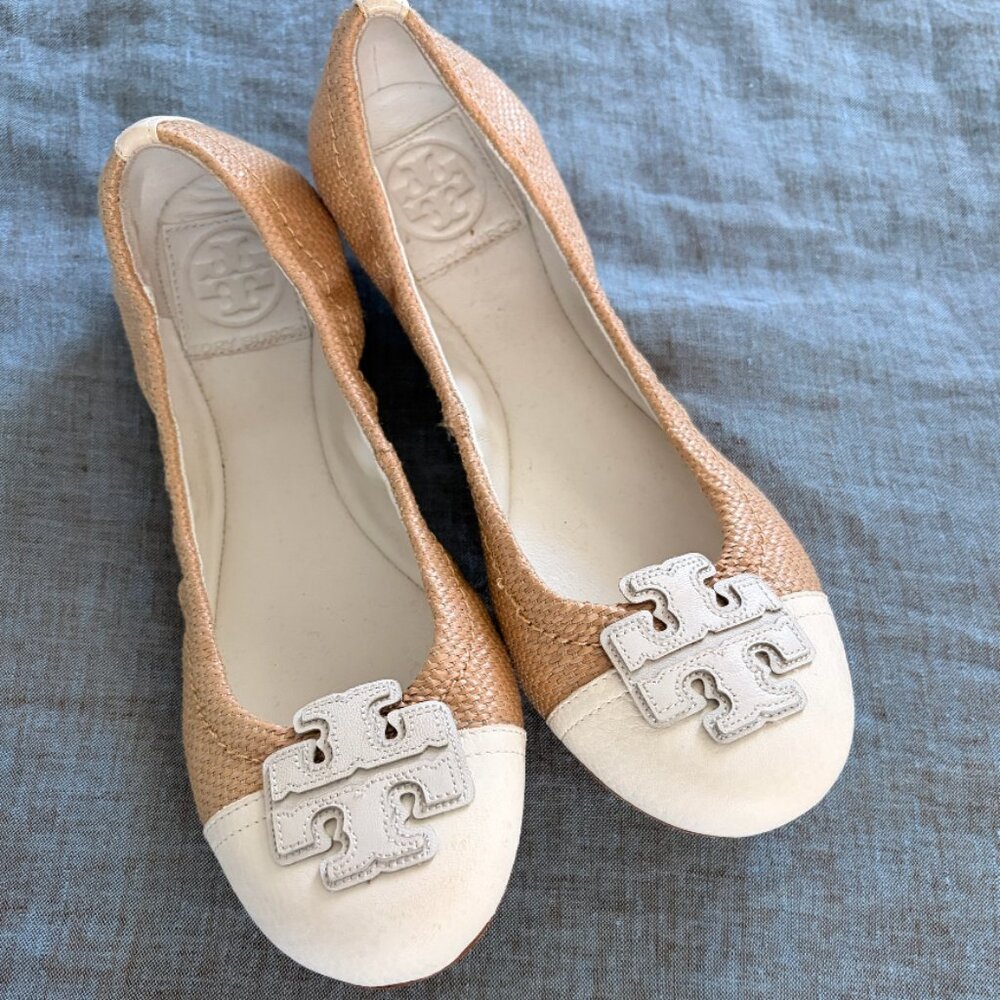 Tory Burch Carita White Natural Beach Woven Straw Leather Ballet Flat Shoes Size